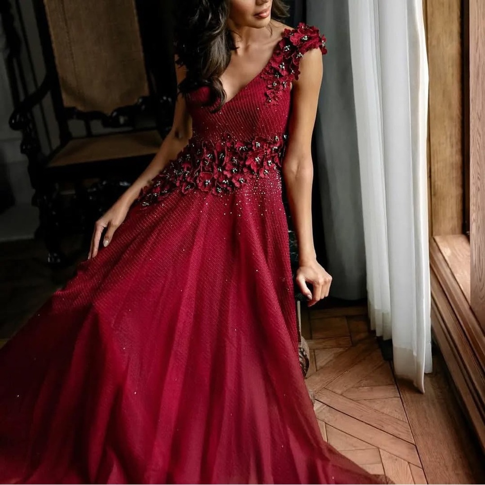 Evening by Mac Duggal 11152 Burgundy Floral Appliqué Designer Prom Dress